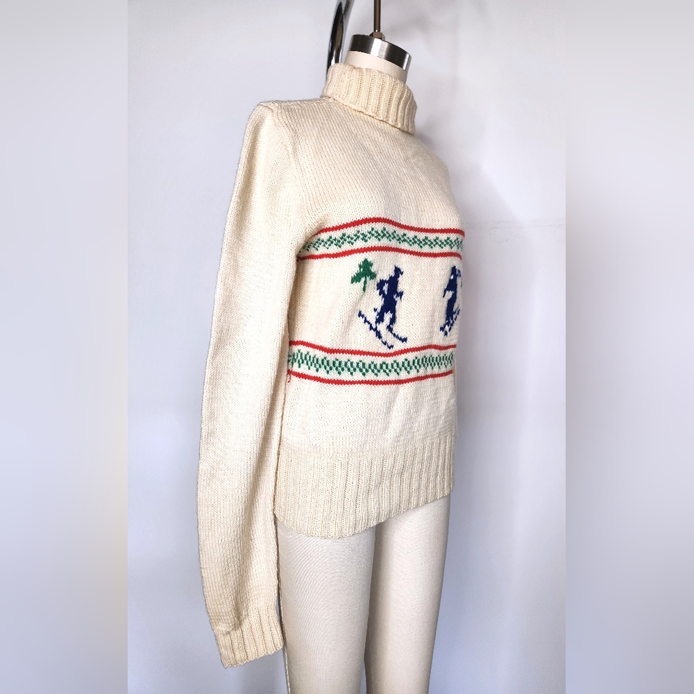 Vintage SKI Knit Sweater - Folklore Sweater - Novelty Knit Skiing Wool 70s XS S - Picture 4 of 8